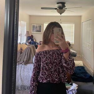 Rue 21 Medium maroon floral blouse with flare long sleeves